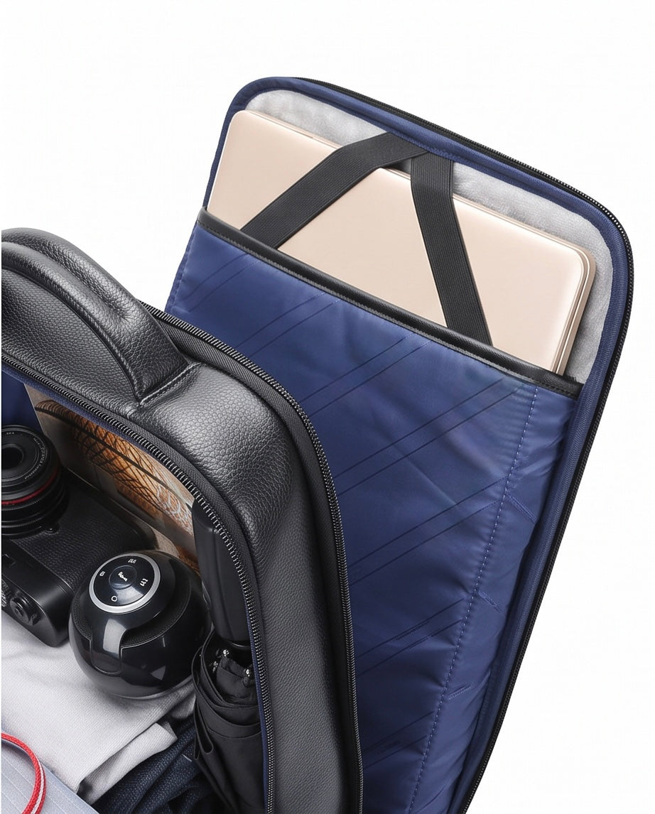Q-ELITE Genuine Leather Backpack – Anti-Theft, USB Charging & TSA-Friendly