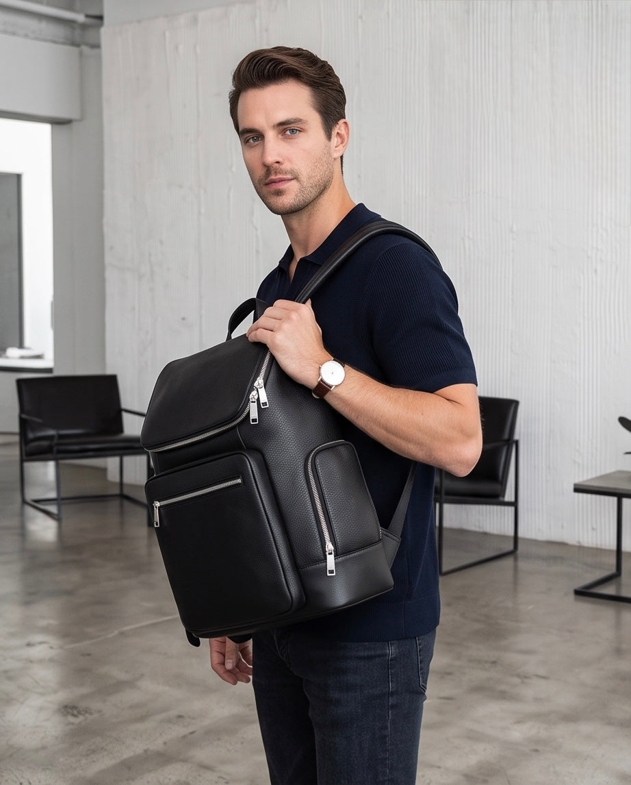 Q-ALFA-EAGLE Genuine Cowhide Leather Laptop Backpack – Large Capacity & Breathable Back Support