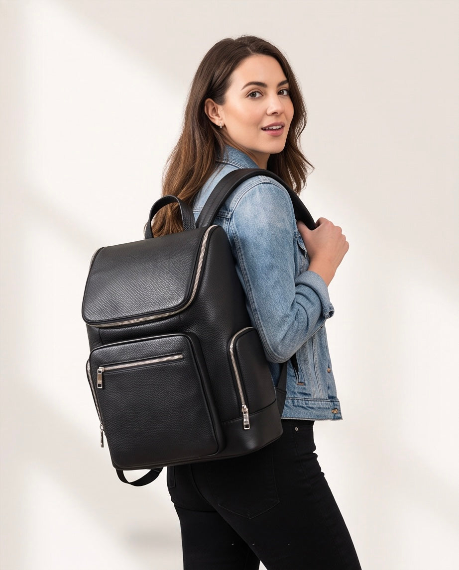 Q-ALFA-EAGLE Genuine Cowhide Leather Laptop Backpack – Large Capacity & Breathable Back Support