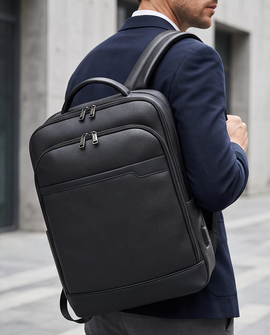 Q-HUNTER Genuine Leather Backpack – Anti-Theft, USB Charging, TSA Lay-Flat & Credit Card Pockets
