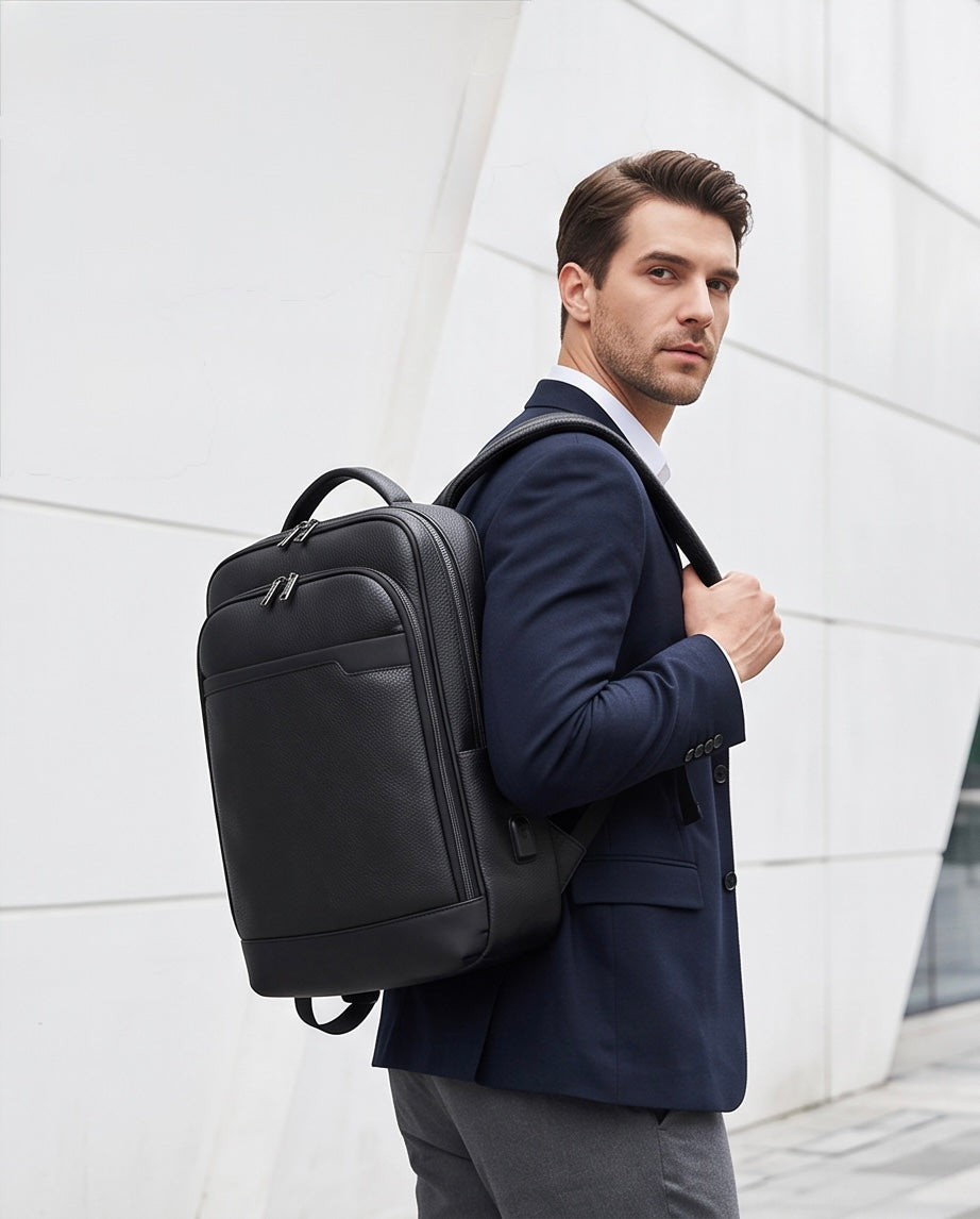 Q-HUNTER Genuine Leather Backpack – Anti-Theft, USB Charging, TSA Lay-Flat & Credit Card Pockets