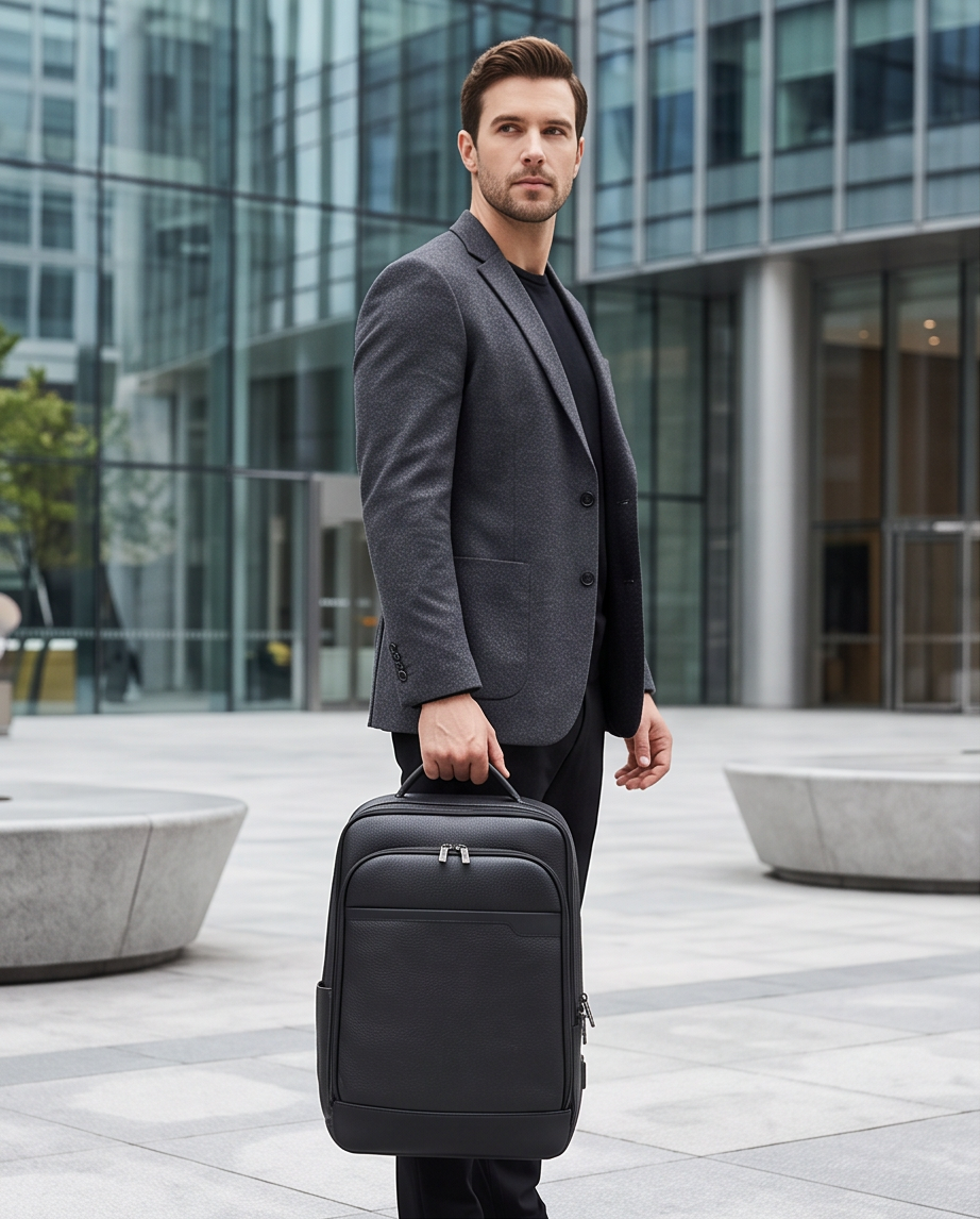Q-HUNTER Genuine Leather Backpack – Anti-Theft, USB Charging, TSA Lay-Flat & Credit Card Pockets