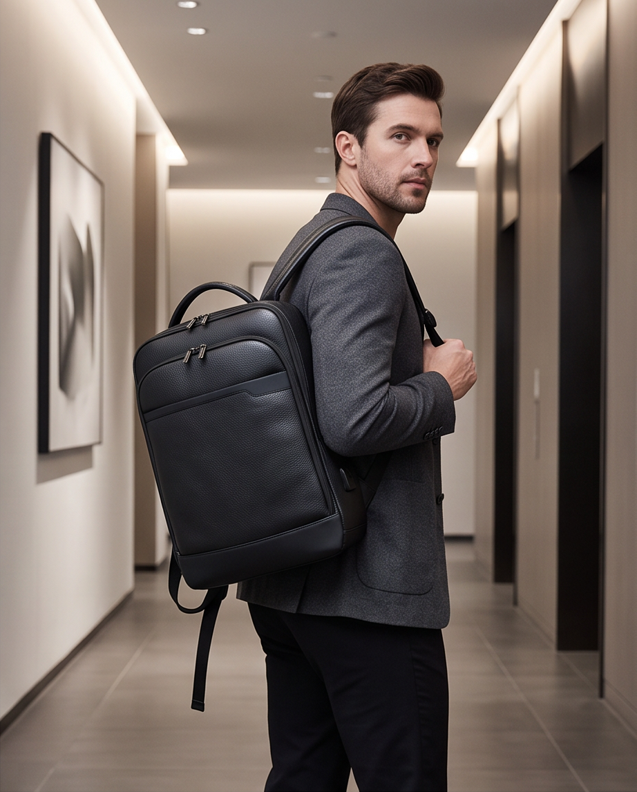 Q-HUNTER Genuine Leather Backpack – Anti-Theft, USB Charging, TSA Lay-Flat & Credit Card Pockets