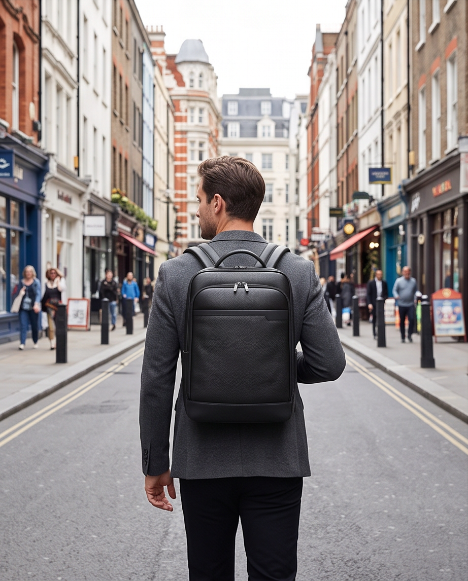 Q-HUNTER Genuine Leather Backpack – Anti-Theft, USB Charging, TSA Lay-Flat & Credit Card Pockets