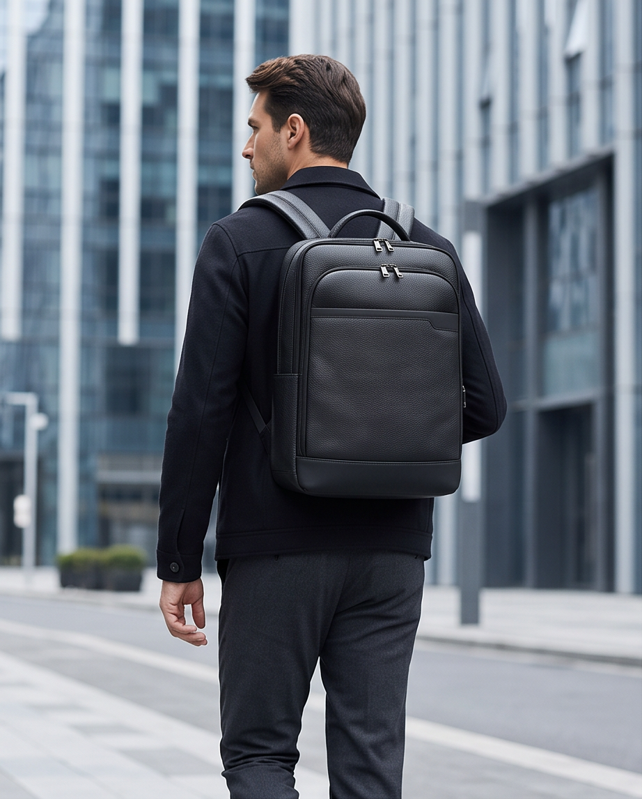 Q-HUNTER Genuine Leather Backpack – Anti-Theft, USB Charging, TSA Lay-Flat & Credit Card Pockets