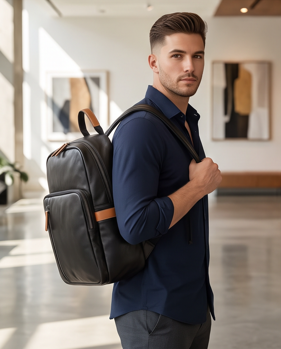 Q-FORZON Full Grain Leather Laptop Backpack – Breathable, Water-Resistant & Patina-Developing