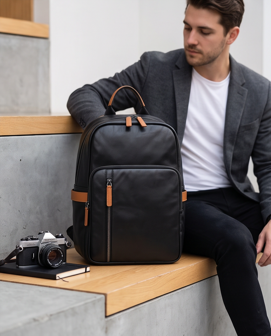 Q-FORZON Full Grain Leather Laptop Backpack – Breathable, Water-Resistant & Patina-Developing