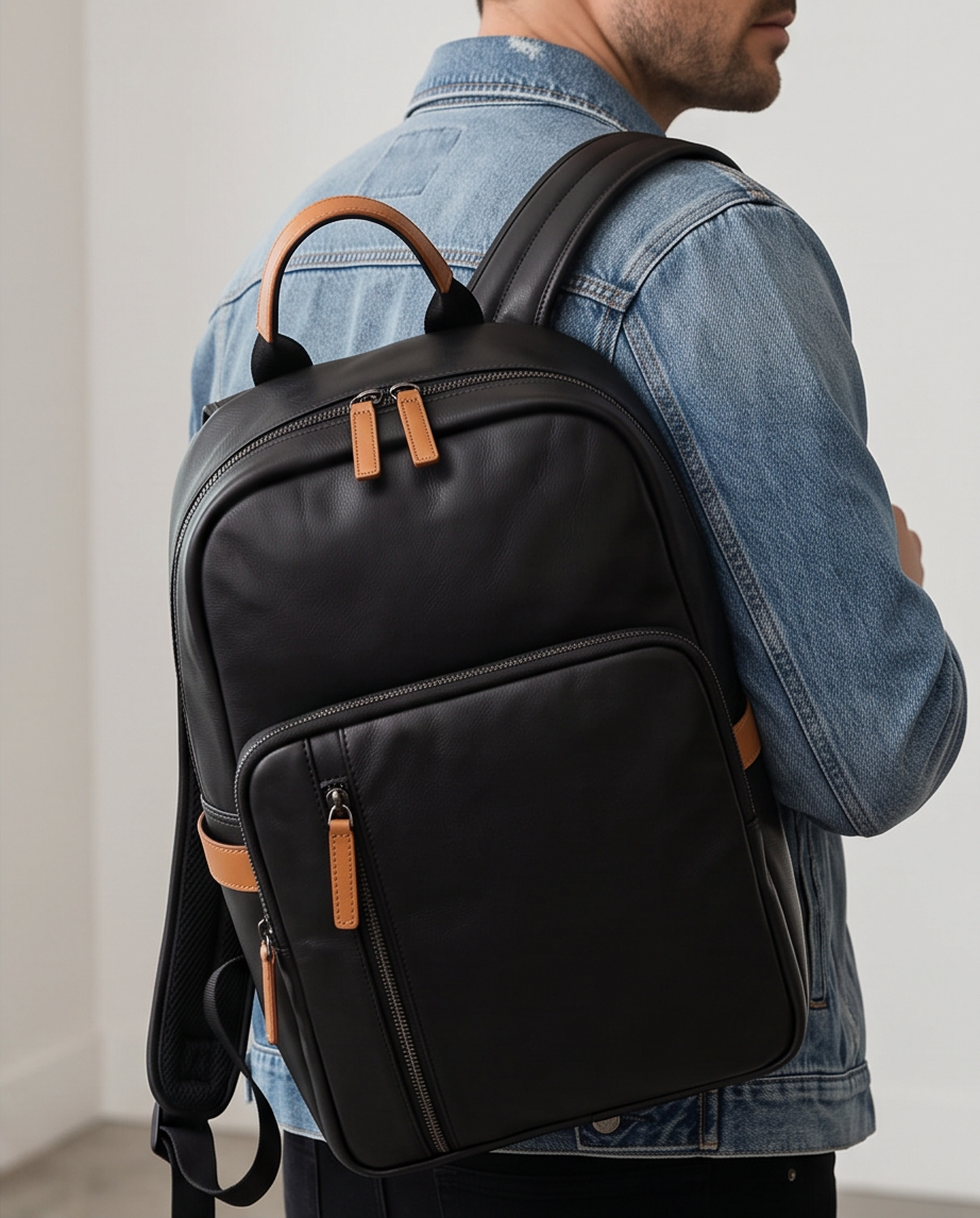 Q-FORZON Full Grain Leather Laptop Backpack – Breathable, Water-Resistant & Patina-Developing