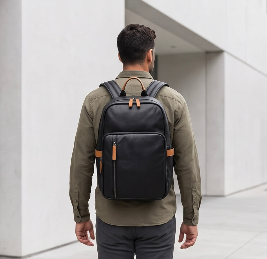 Q-FORZON Full Grain Leather Laptop Backpack – Breathable, Water-Resistant & Patina-Developing
