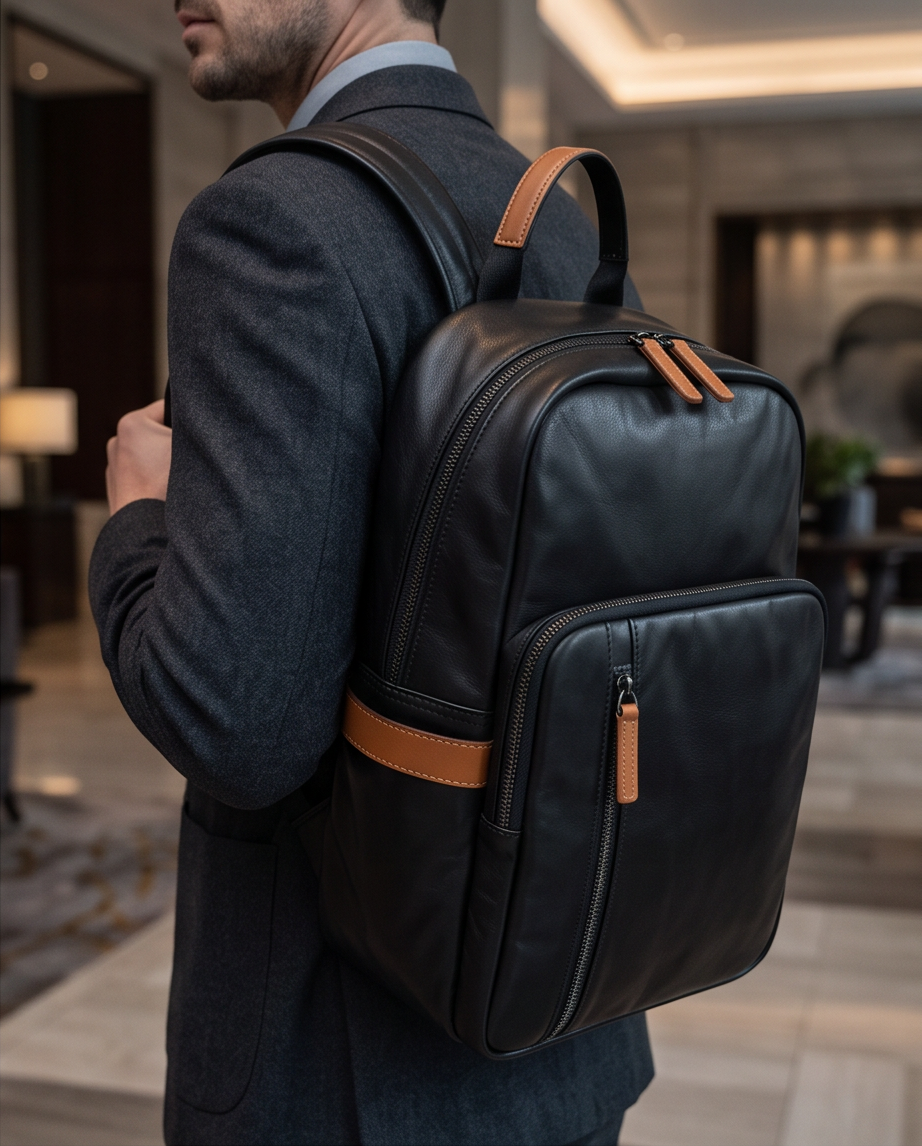 Q-FORZON Full Grain Leather Laptop Backpack – Breathable, Water-Resistant & Patina-Developing