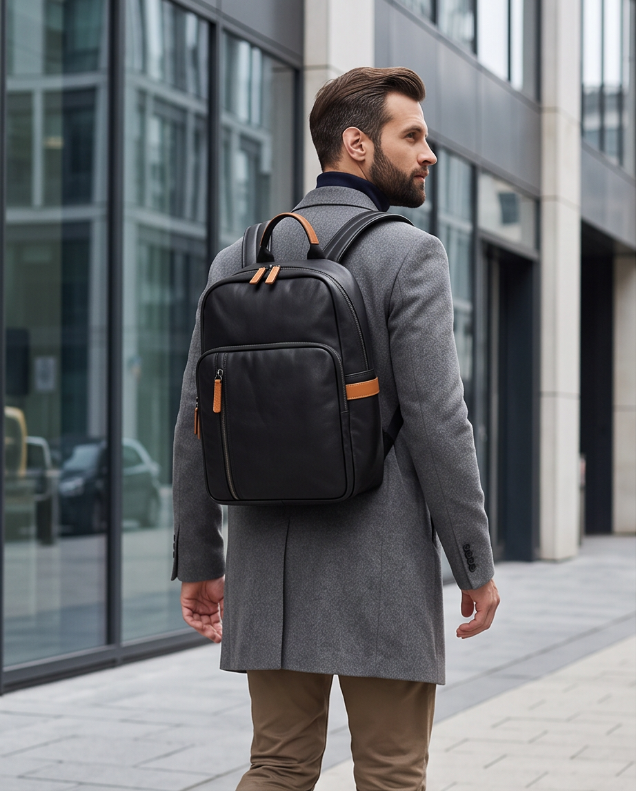 Q-FORZON Full Grain Leather Laptop Backpack – Breathable, Water-Resistant & Patina-Developing