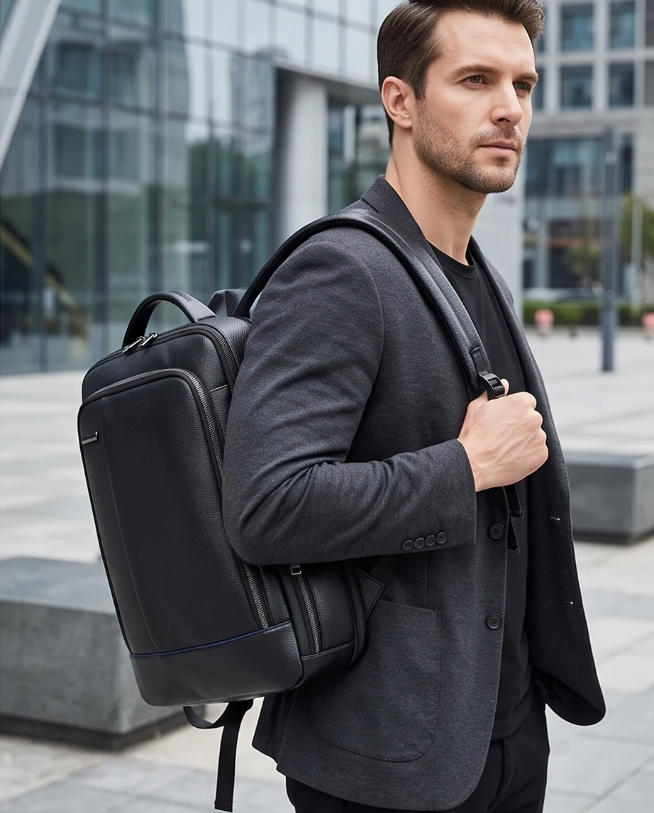 Q-RIDER Expandable Genuine Leather Backpack – Anti-Theft, USB Charging & TSA Lay-Flat