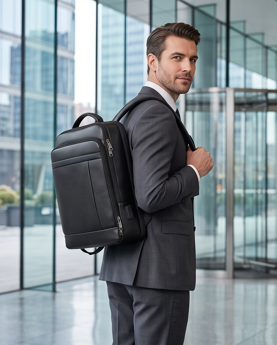Q-TORPEDO Genuine Leather Backpack – Anti-Theft, USB Charging, TSA Lay-Flat & Slim Profile