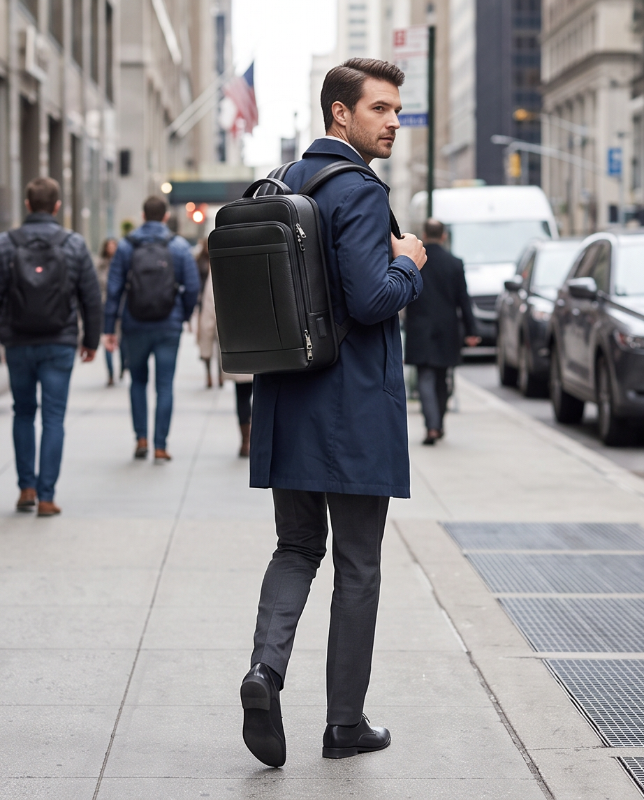 Q-TORPEDO Genuine Leather Backpack – Anti-Theft, USB Charging, TSA Lay-Flat & Slim Profile