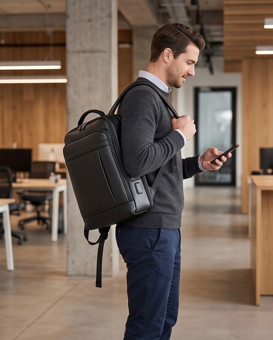 Q-TORPEDO Genuine Leather Backpack – Anti-Theft, USB Charging, TSA Lay-Flat & Slim Profile