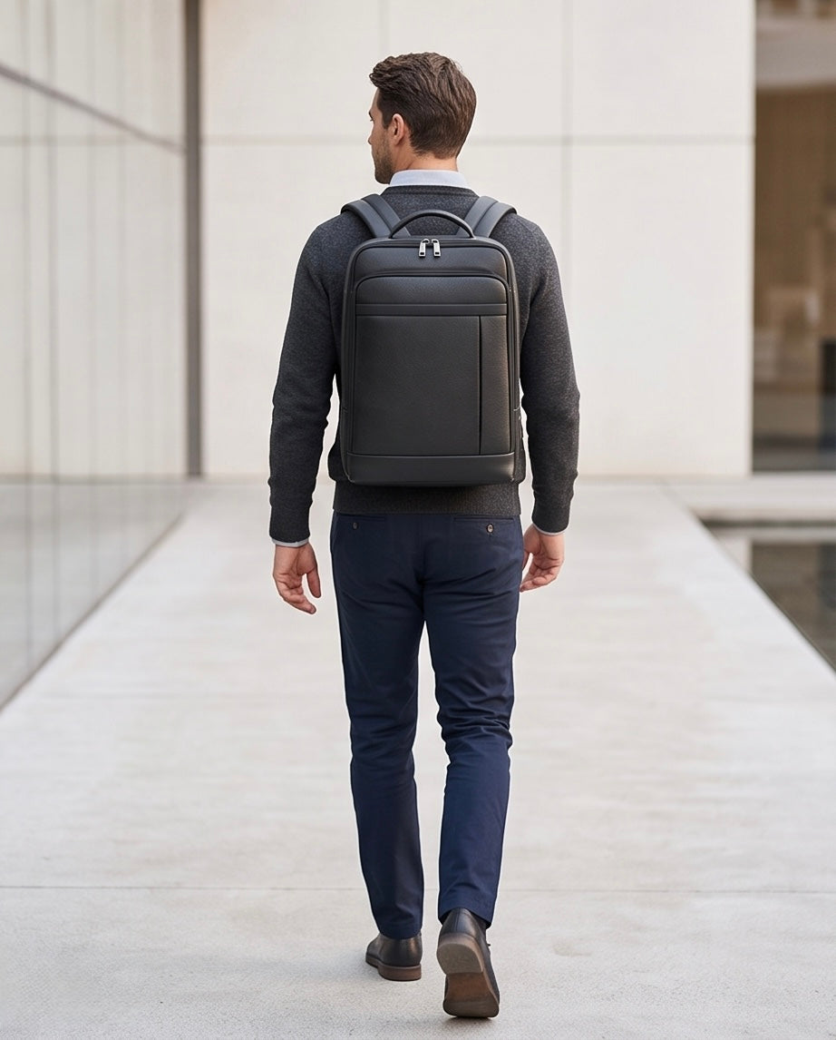 Q-TORPEDO Genuine Leather Backpack – Anti-Theft, USB Charging, TSA Lay-Flat & Slim Profile