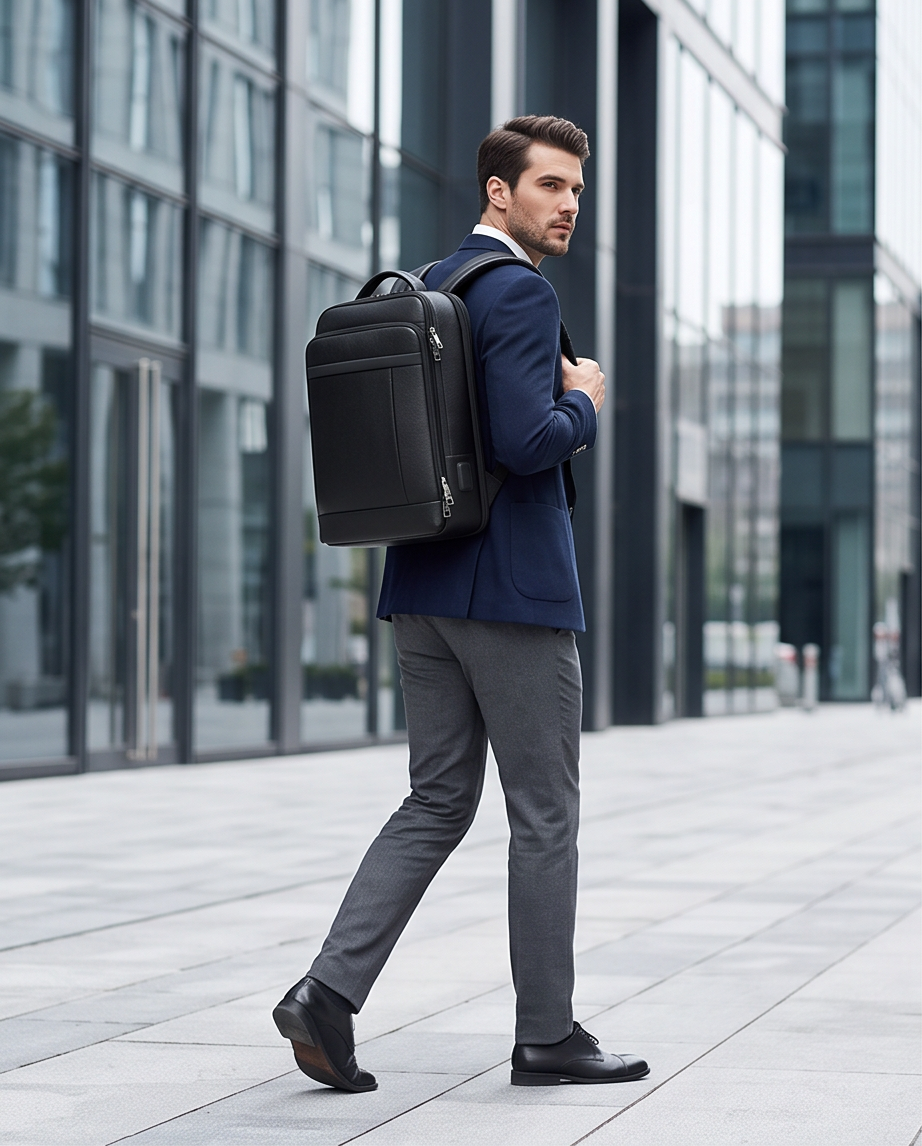 Q-TORPEDO Genuine Leather Backpack – Anti-Theft, USB Charging, TSA Lay-Flat & Slim Profile