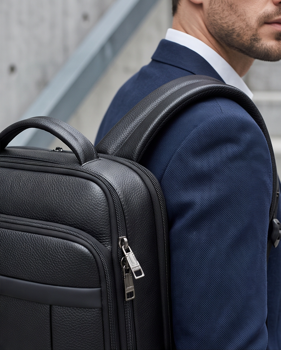 Q-TORPEDO Genuine Leather Backpack – Anti-Theft, USB Charging, TSA Lay-Flat & Slim Profile
