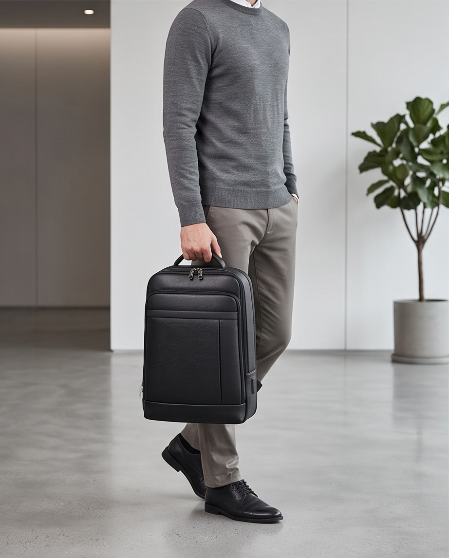 Q-TORPEDO Genuine Leather Backpack – Anti-Theft, USB Charging, TSA Lay-Flat & Slim Profile