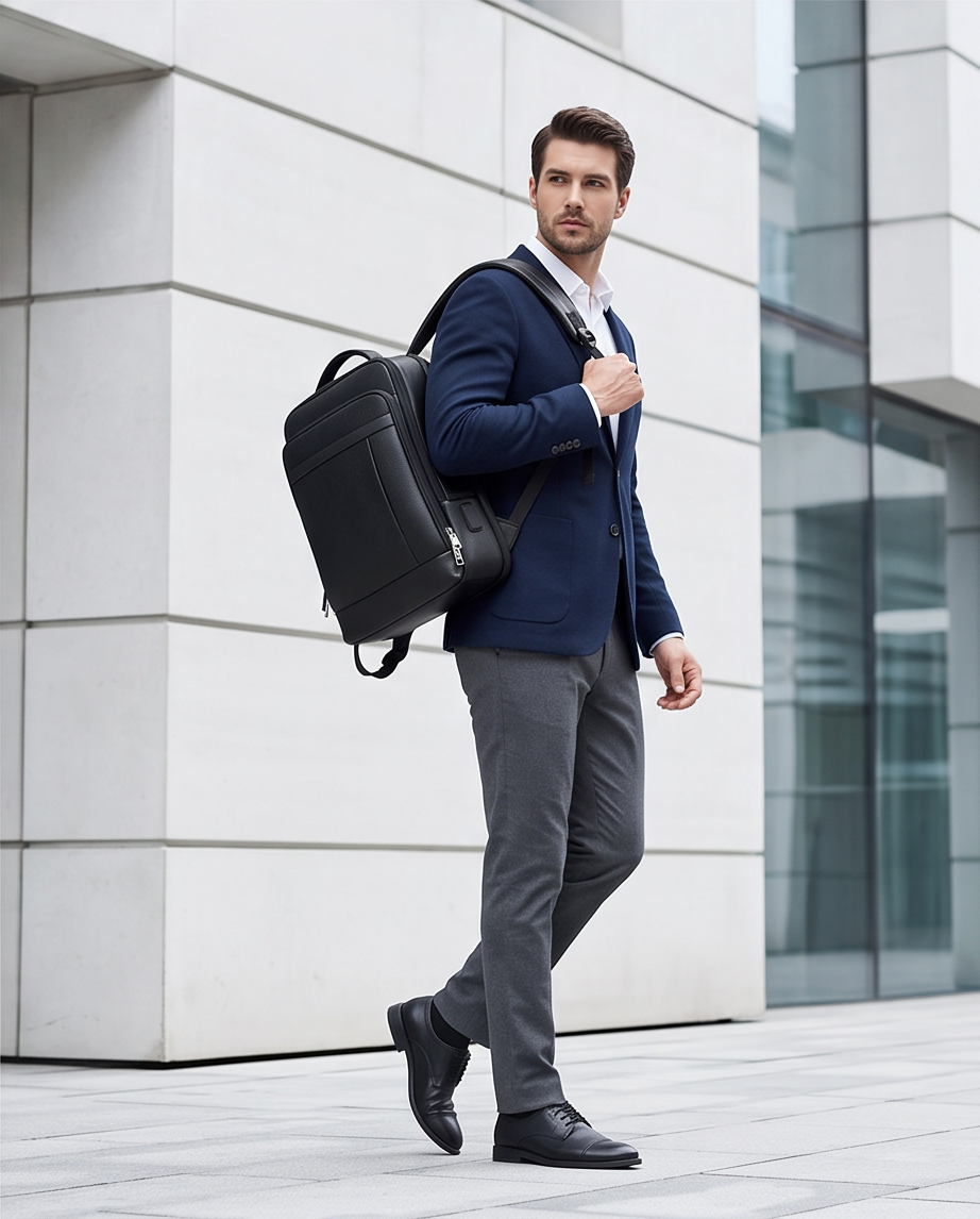 Q-TORPEDO Genuine Leather Backpack – Anti-Theft, USB Charging, TSA Lay-Flat & Slim Profile