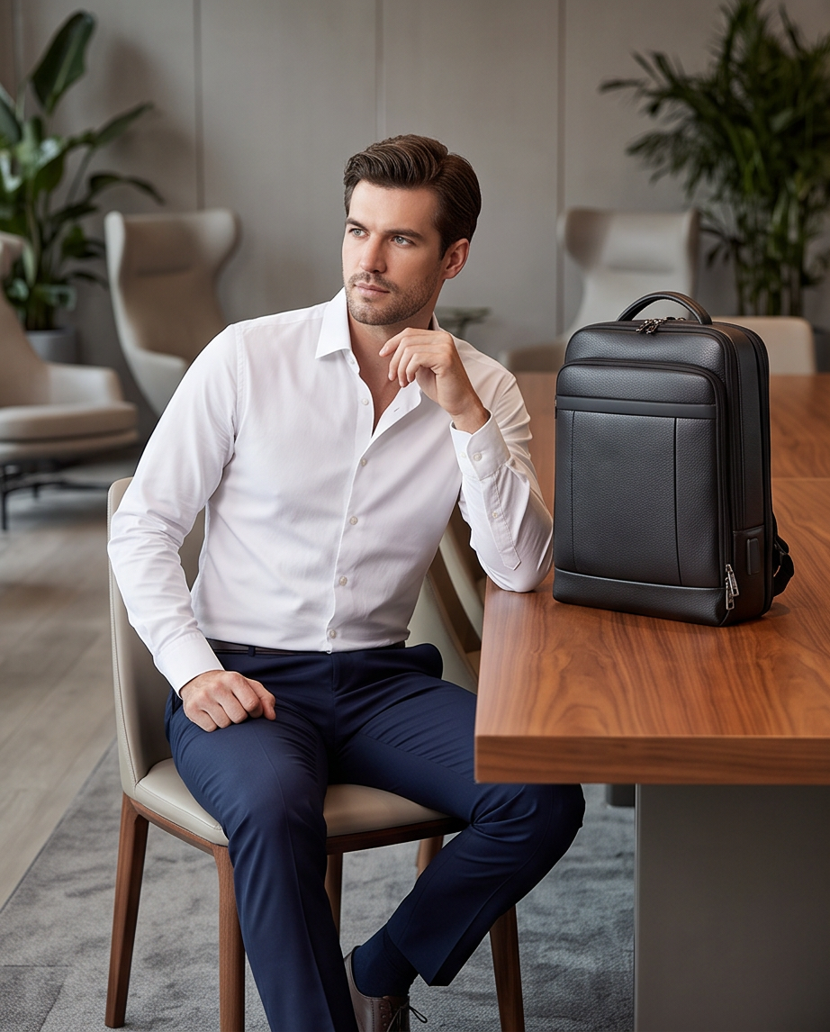 Q-TORPEDO Genuine Leather Backpack – Anti-Theft, USB Charging, TSA Lay-Flat & Slim Profile
