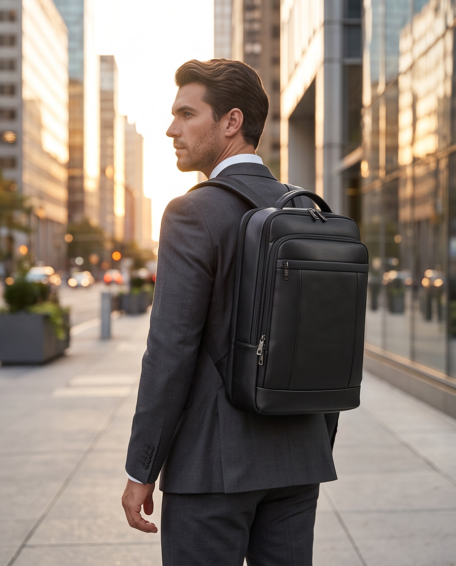 Q-TORPEDO Genuine Leather Backpack – Anti-Theft, USB Charging, TSA Lay-Flat & Slim Profile