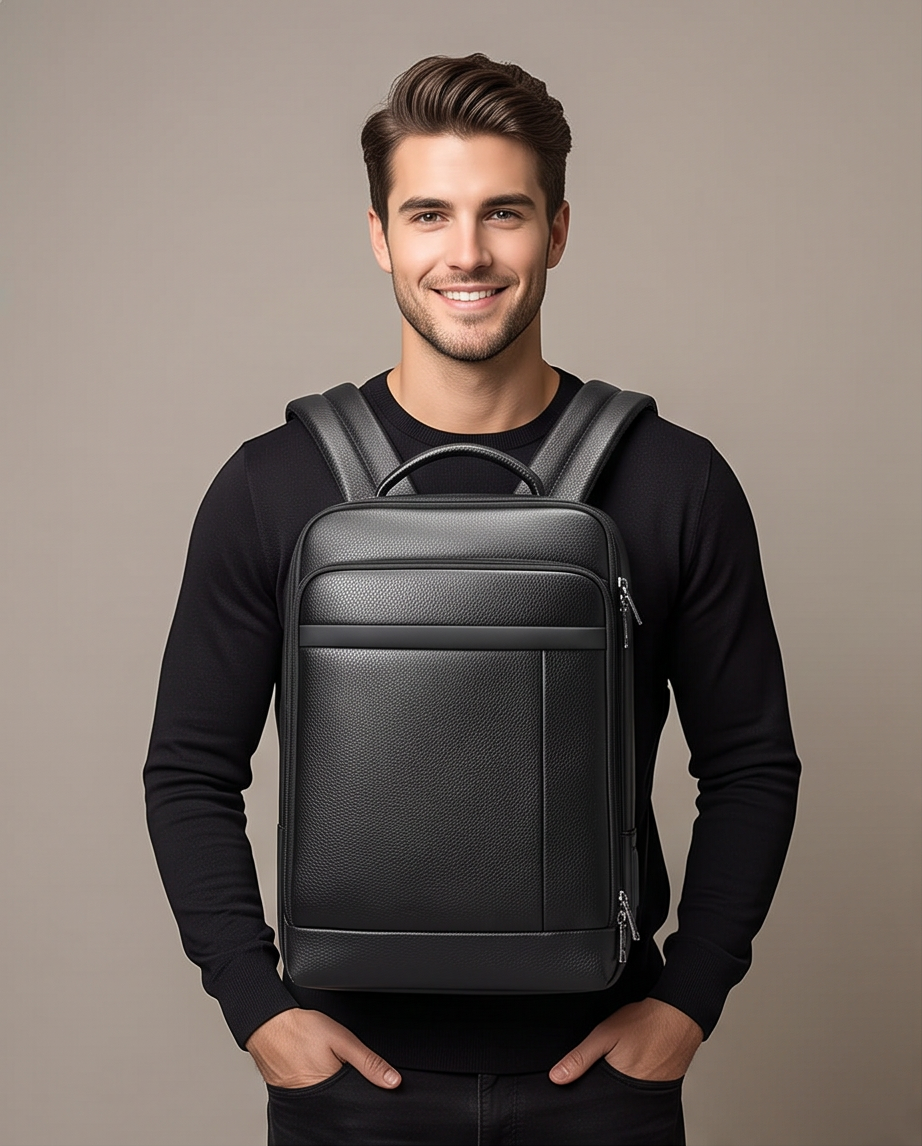 Q-TORPEDO Genuine Leather Backpack – Anti-Theft, USB Charging, TSA Lay-Flat & Slim Profile