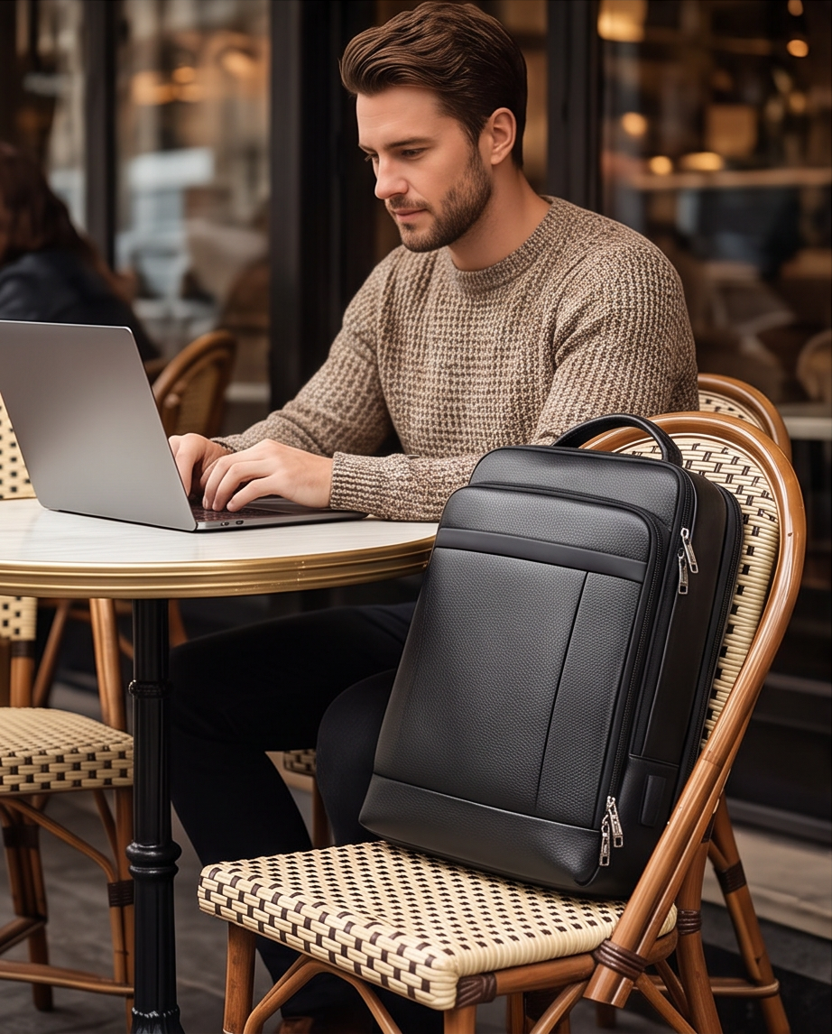 Q-TORPEDO Genuine Leather Backpack – Anti-Theft, USB Charging, TSA Lay-Flat & Slim Profile
