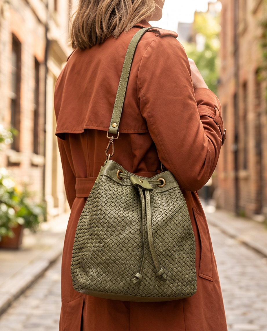 Q-MOON Vintage Braided Calfskin Bag – Italian Leather, Brass Hardware & Adjustable Strap