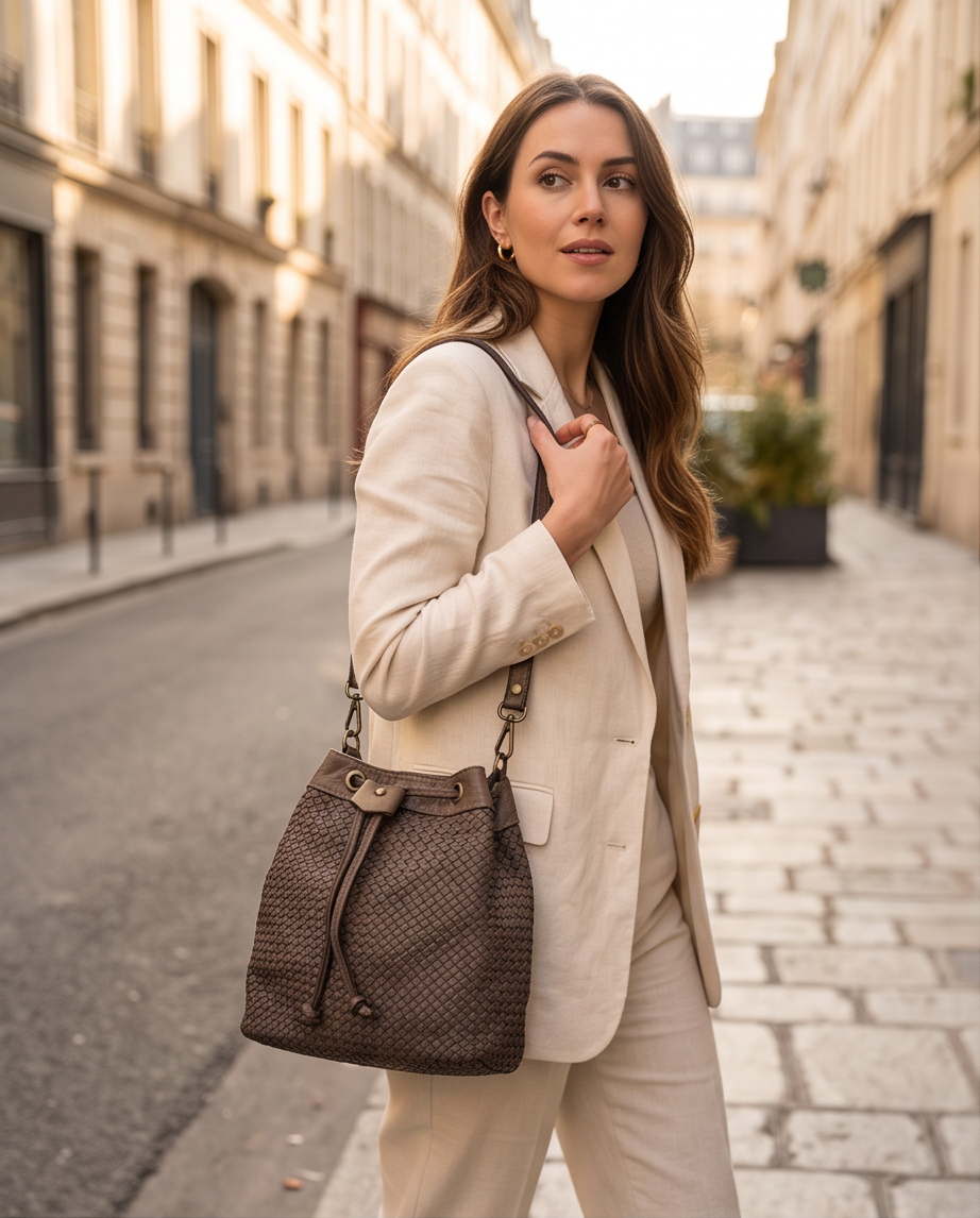 Q-MOON Vintage Braided Calfskin Bag – Italian Leather, Brass Hardware & Adjustable Strap