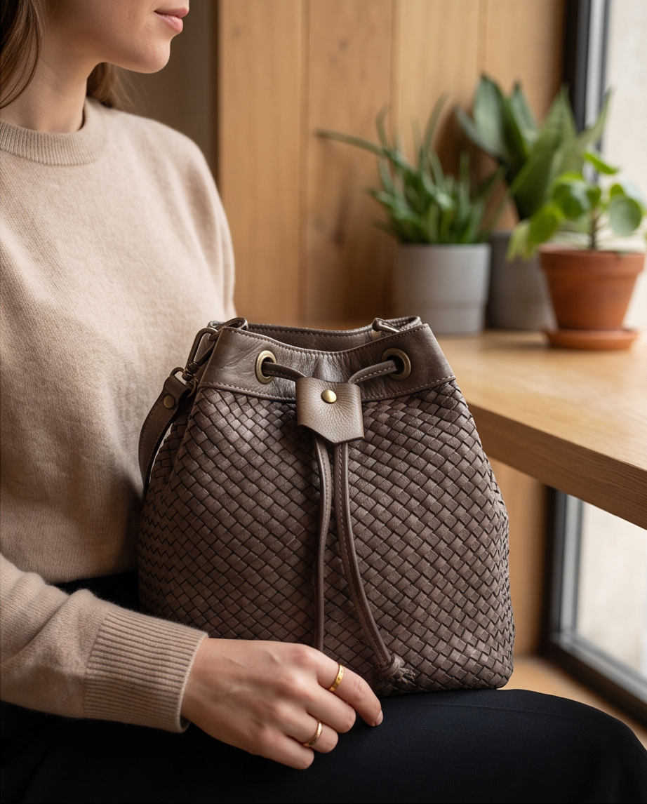 Q-MOON Vintage Braided Calfskin Bag – Italian Leather, Brass Hardware & Adjustable Strap