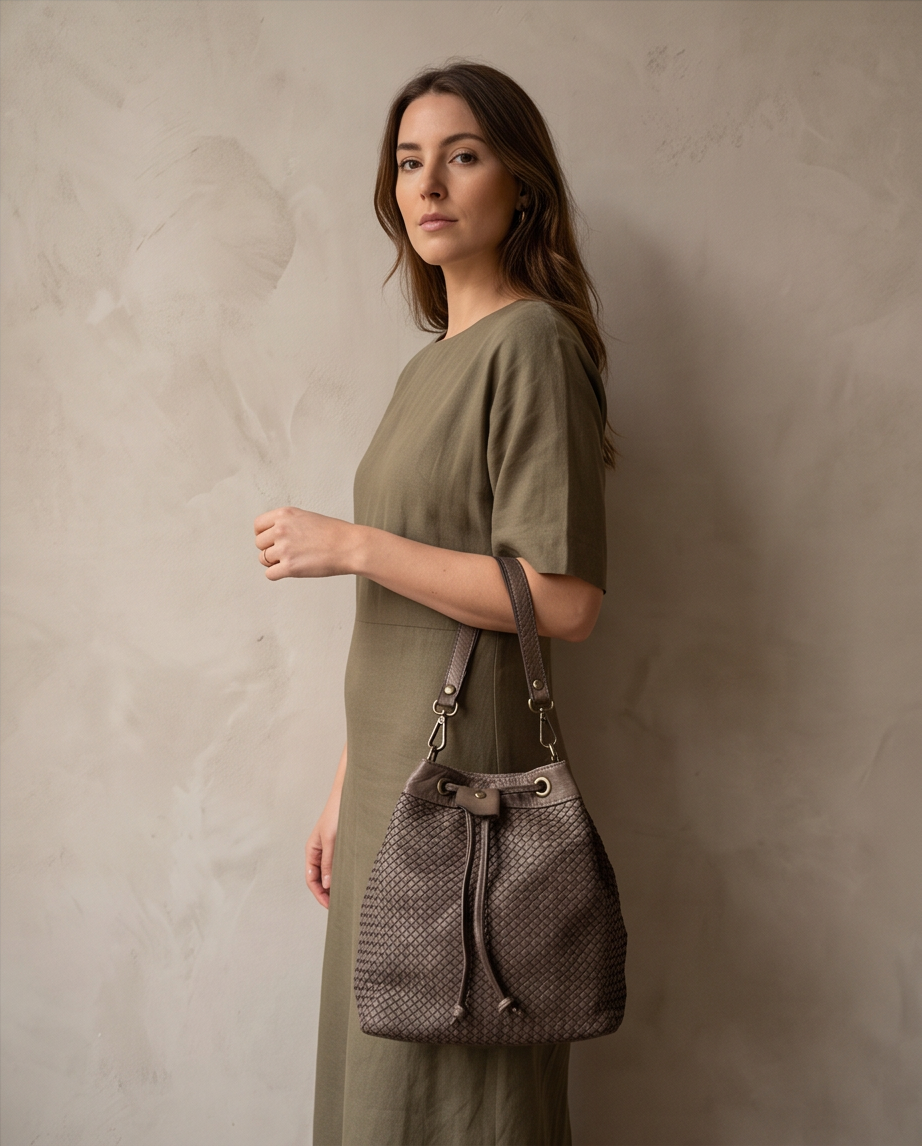 Q-MOON Vintage Braided Calfskin Bag – Italian Leather, Brass Hardware & Adjustable Strap