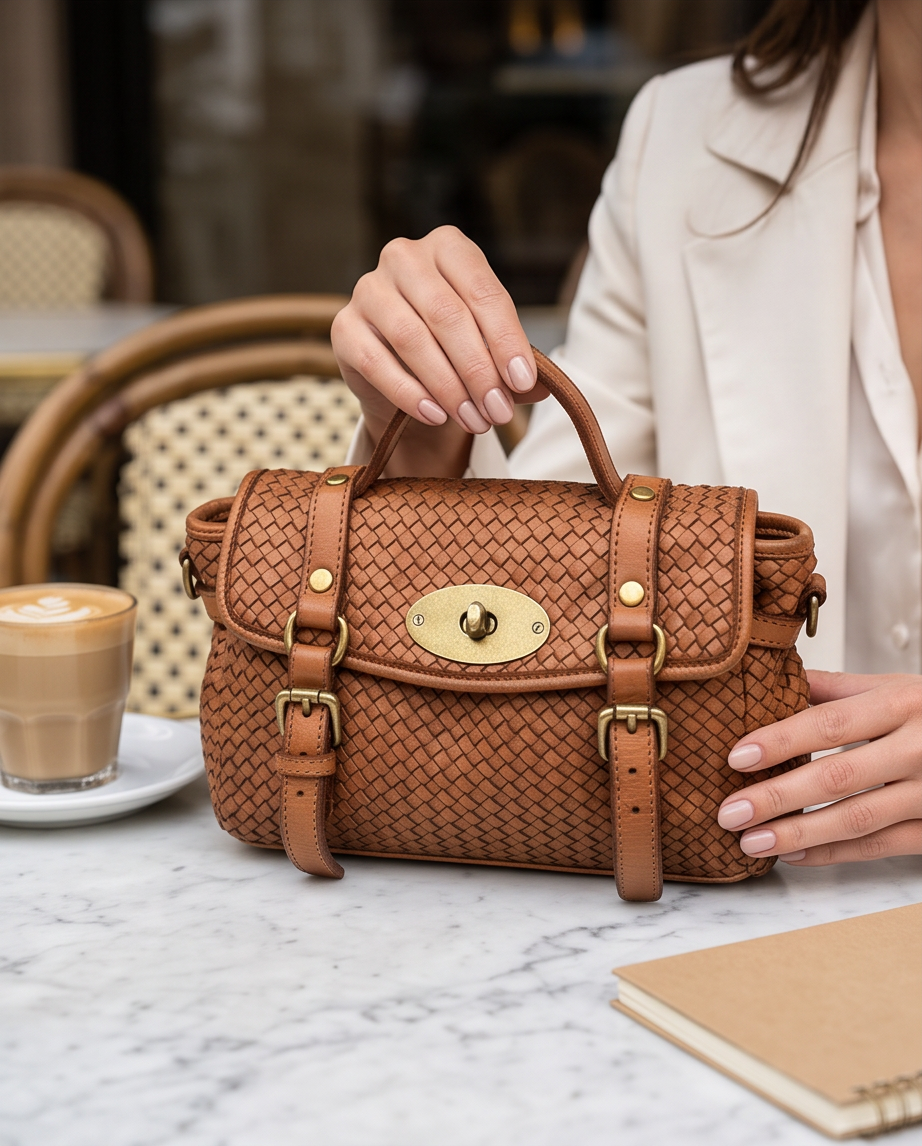 Q-NOOR Vintage Woven Calfskin Small Bag – Italian Leather, Buckle Flap & Crossbody Strap