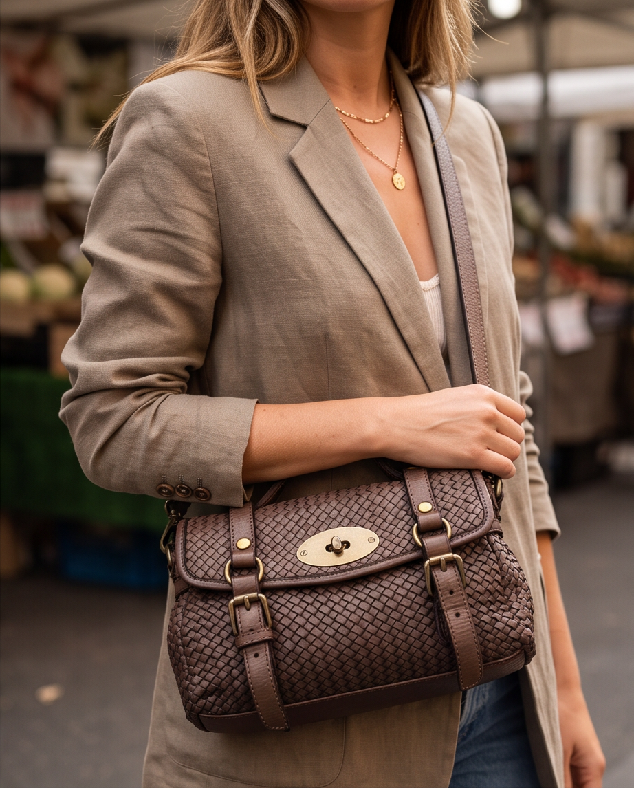 Q-NOOR Vintage Woven Calfskin Small Bag – Italian Leather, Buckle Flap & Crossbody Strap