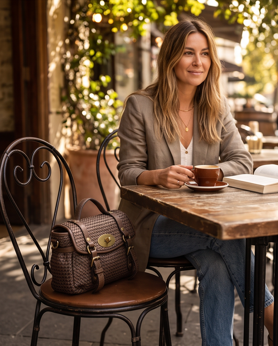 Q-NOOR Vintage Woven Calfskin Small Bag – Italian Leather, Buckle Flap & Crossbody Strap