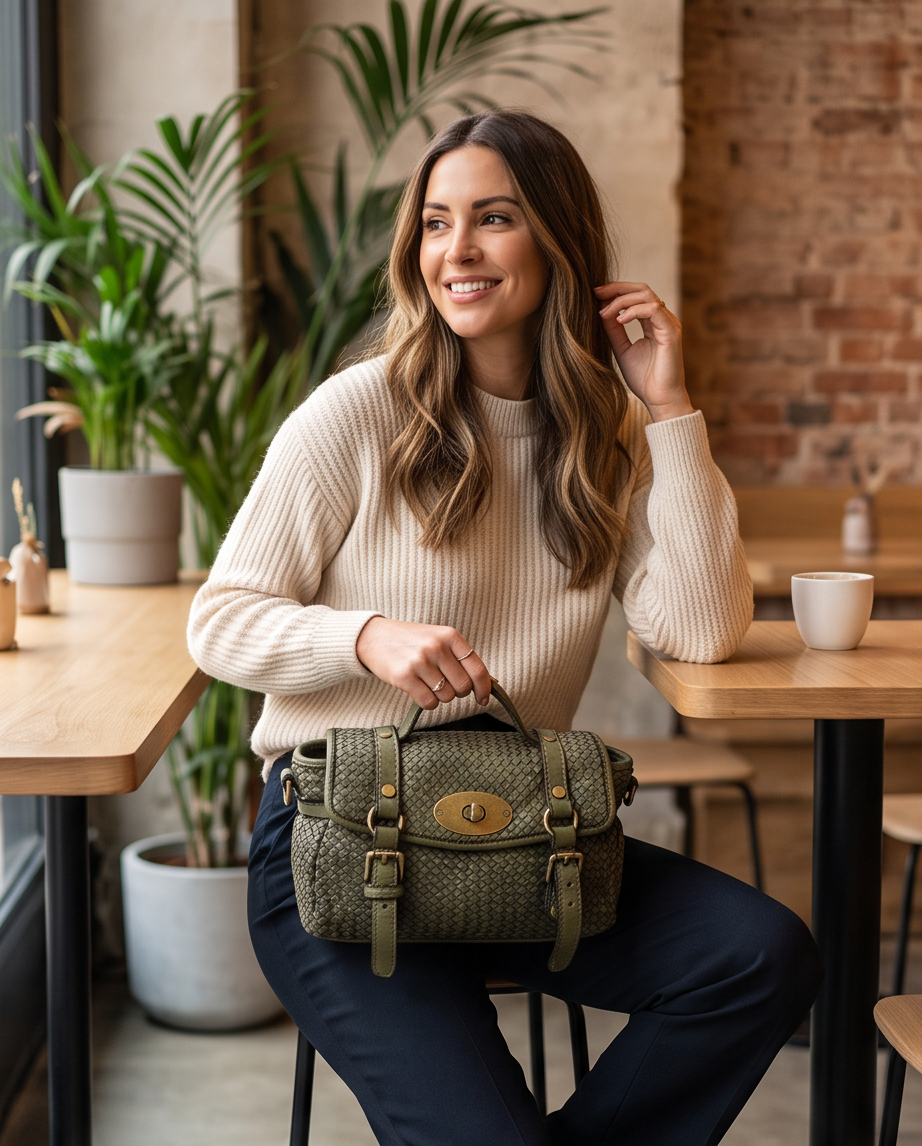 Q-NOOR Vintage Woven Calfskin Small Bag – Italian Leather, Buckle Flap & Crossbody Strap