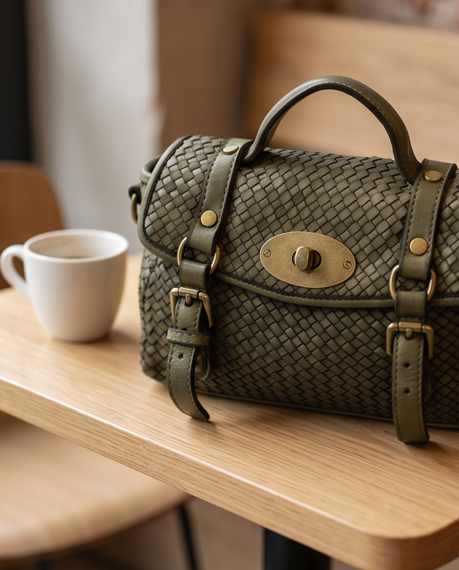 Q-NOOR Vintage Woven Calfskin Small Bag – Italian Leather, Buckle Flap & Crossbody Strap