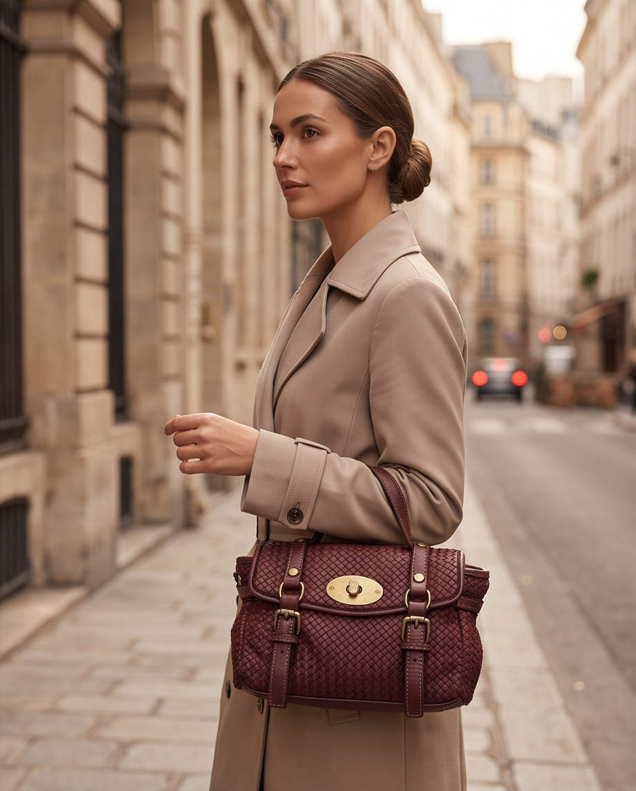 Q-NOOR Vintage Woven Calfskin Small Bag – Italian Leather, Buckle Flap & Crossbody Strap
