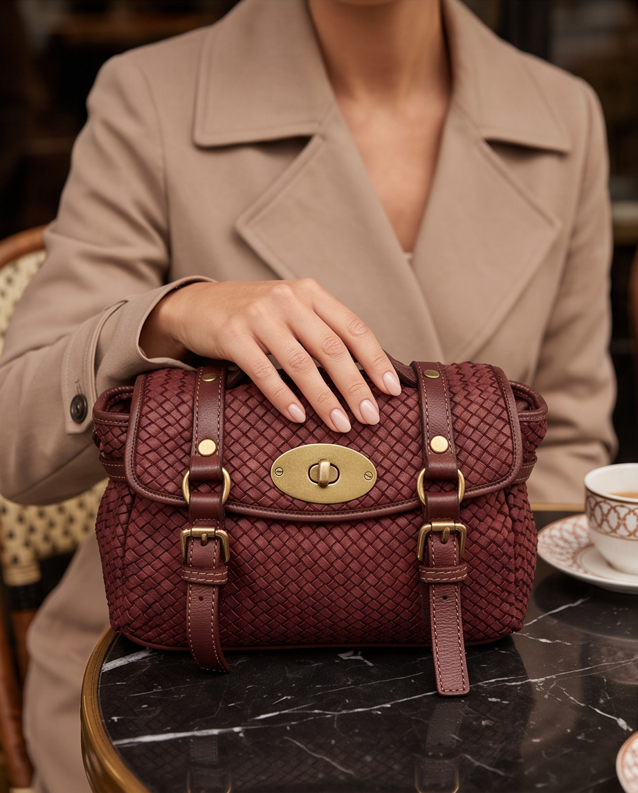 Q-NOOR Vintage Woven Calfskin Small Bag – Italian Leather, Buckle Flap & Crossbody Strap