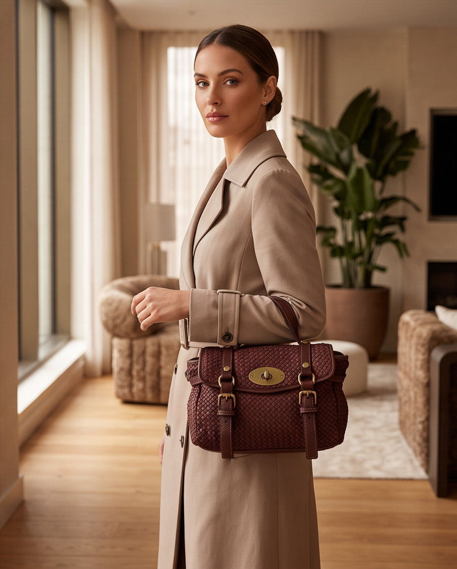 Q-NOOR Vintage Woven Calfskin Small Bag – Italian Leather, Buckle Flap & Crossbody Strap