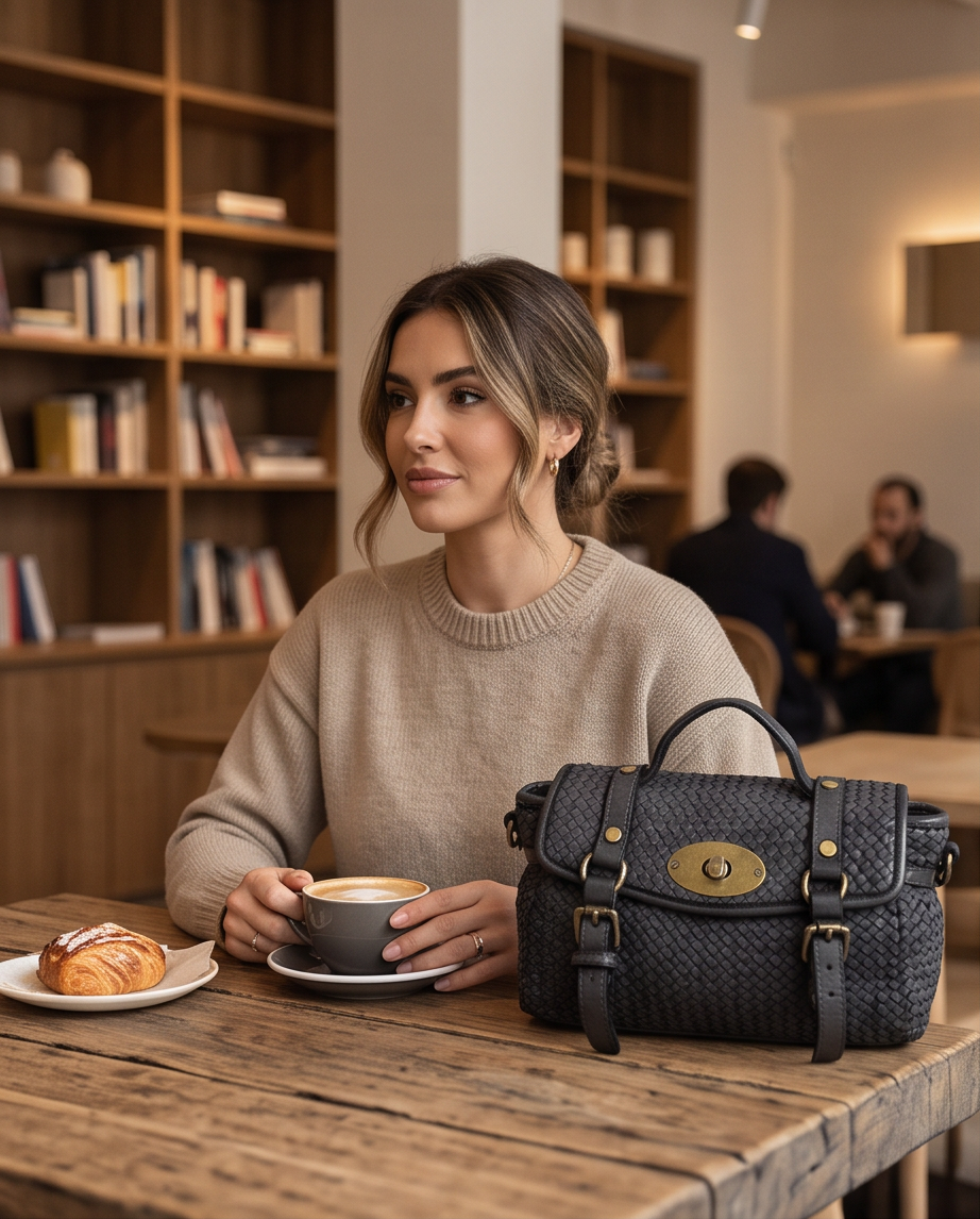Q-NOOR Vintage Woven Calfskin Small Bag – Italian Leather, Buckle Flap & Crossbody Strap