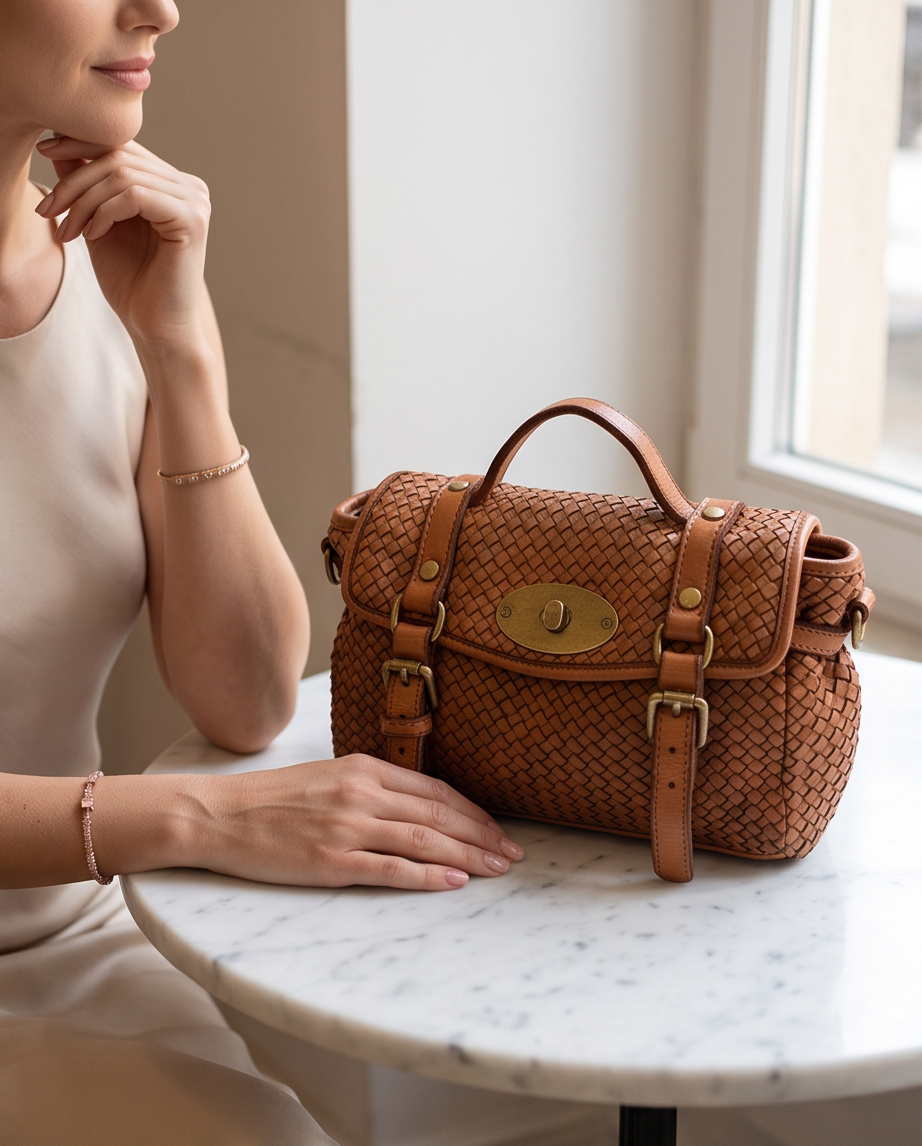 Q-NOOR Vintage Woven Calfskin Small Bag – Italian Leather, Buckle Flap & Crossbody Strap