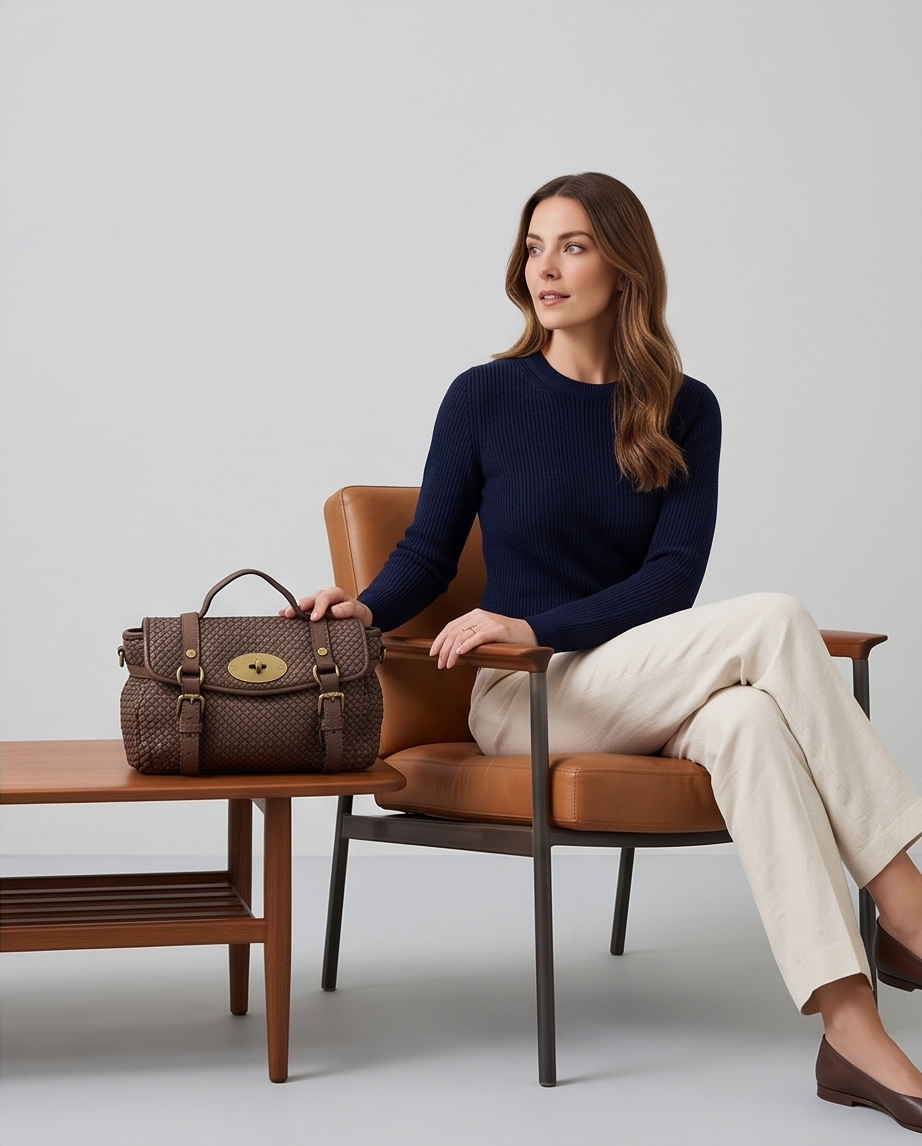 Q-NOOR Vintage Woven Calfskin Small Bag – Italian Leather, Buckle Flap & Crossbody Strap