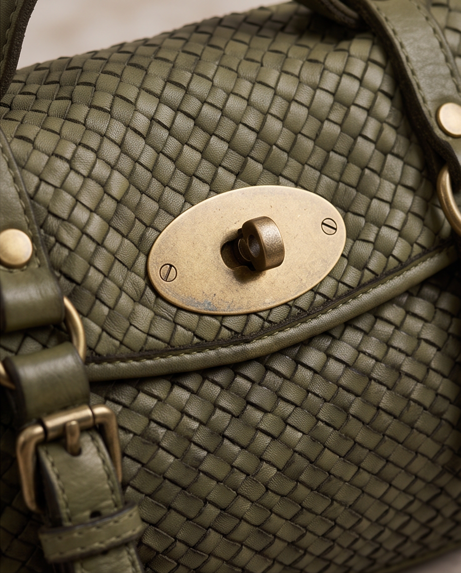 Q-NOOR Vintage Woven Calfskin Small Bag – Italian Leather, Buckle Flap & Crossbody Strap