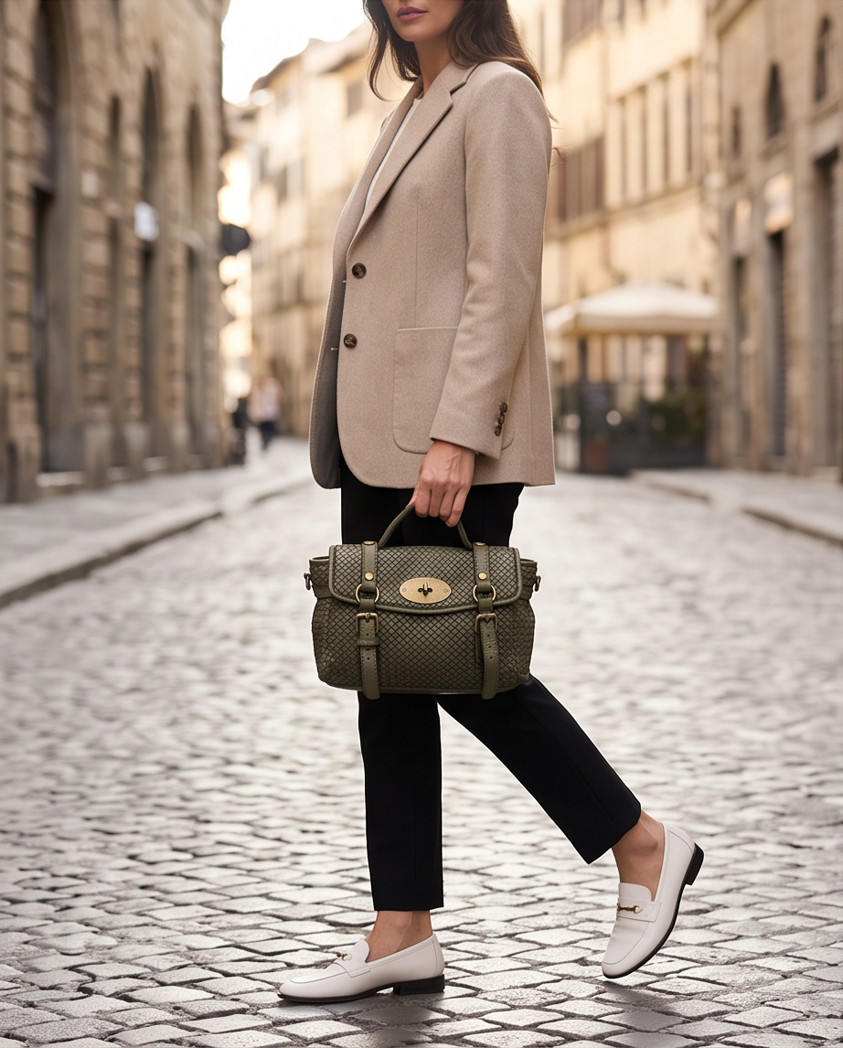 Q-NOOR Vintage Woven Calfskin Small Bag – Italian Leather, Buckle Flap & Crossbody Strap