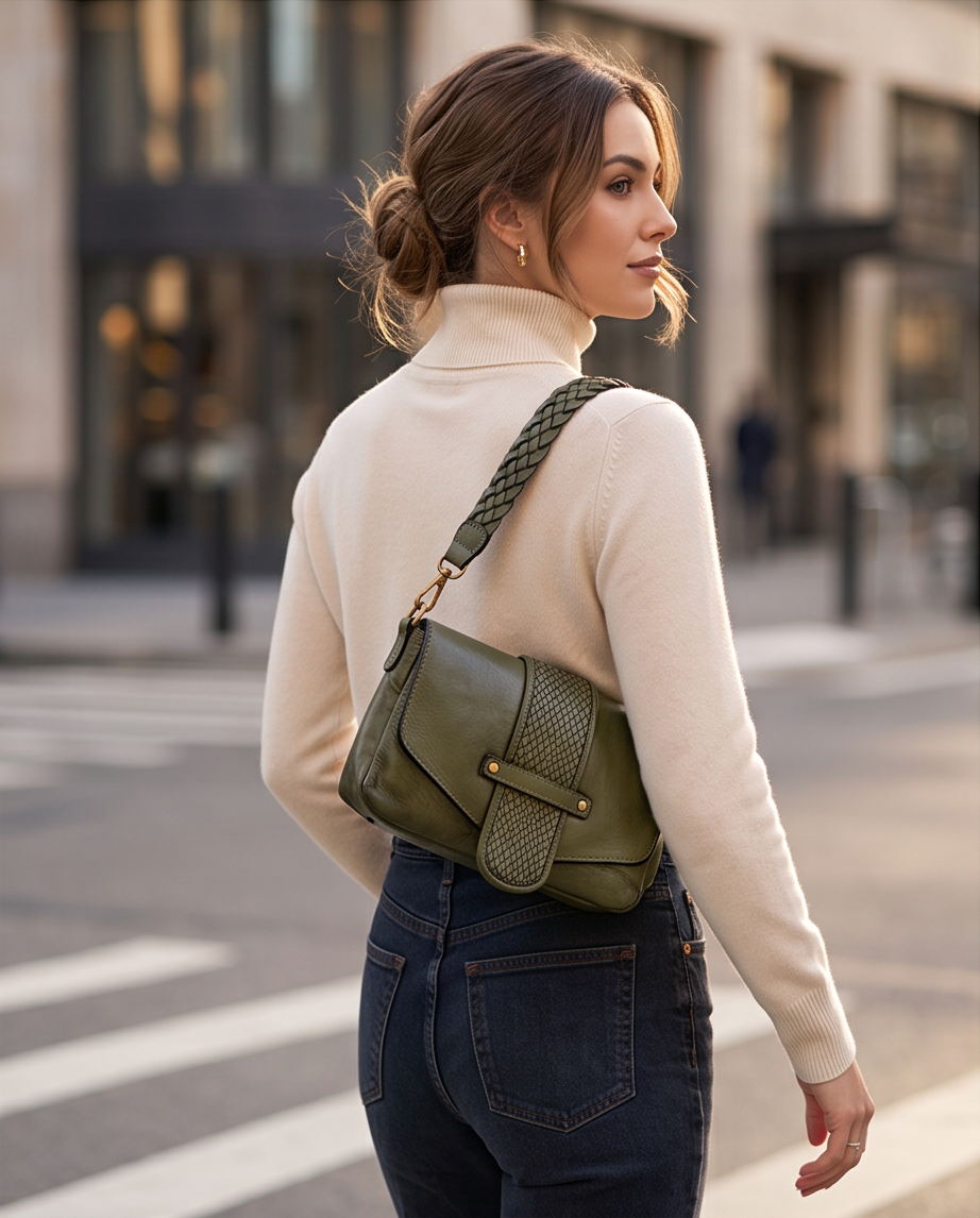 Q-VERVE Vintage Braided Calfskin Shoulder Bag – Italian Leather, Flap Closure & Feminine Design