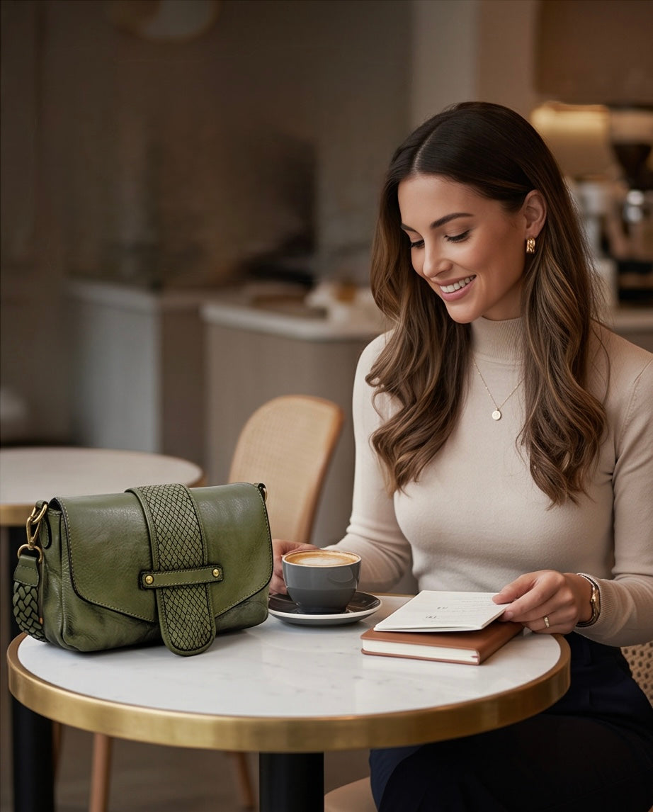 Q-VERVE Vintage Braided Calfskin Shoulder Bag – Italian Leather, Flap Closure & Feminine Design