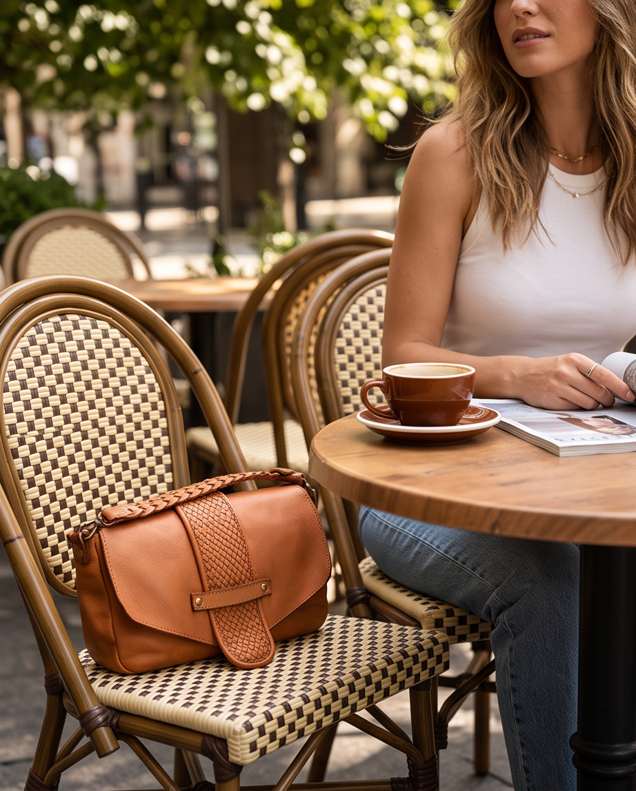 Q-VERVE Vintage Braided Calfskin Shoulder Bag – Italian Leather, Flap Closure & Feminine Design