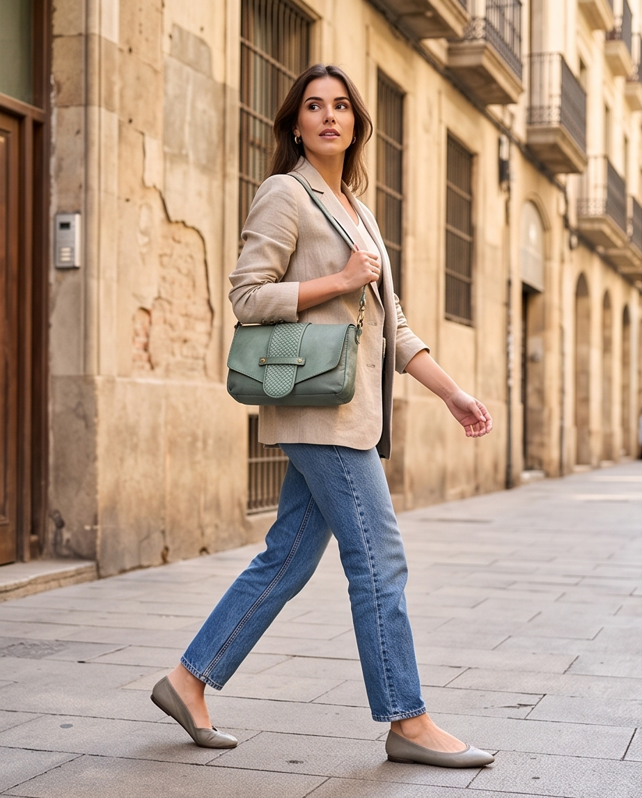 Q-VERVE Vintage Braided Calfskin Shoulder Bag – Italian Leather, Flap Closure & Feminine Design