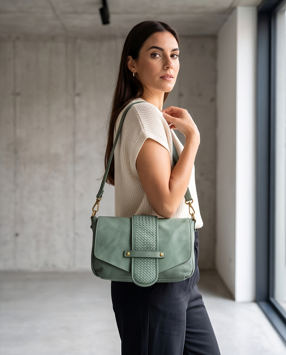 Q-VERVE Vintage Braided Calfskin Shoulder Bag – Italian Leather, Flap Closure & Feminine Design